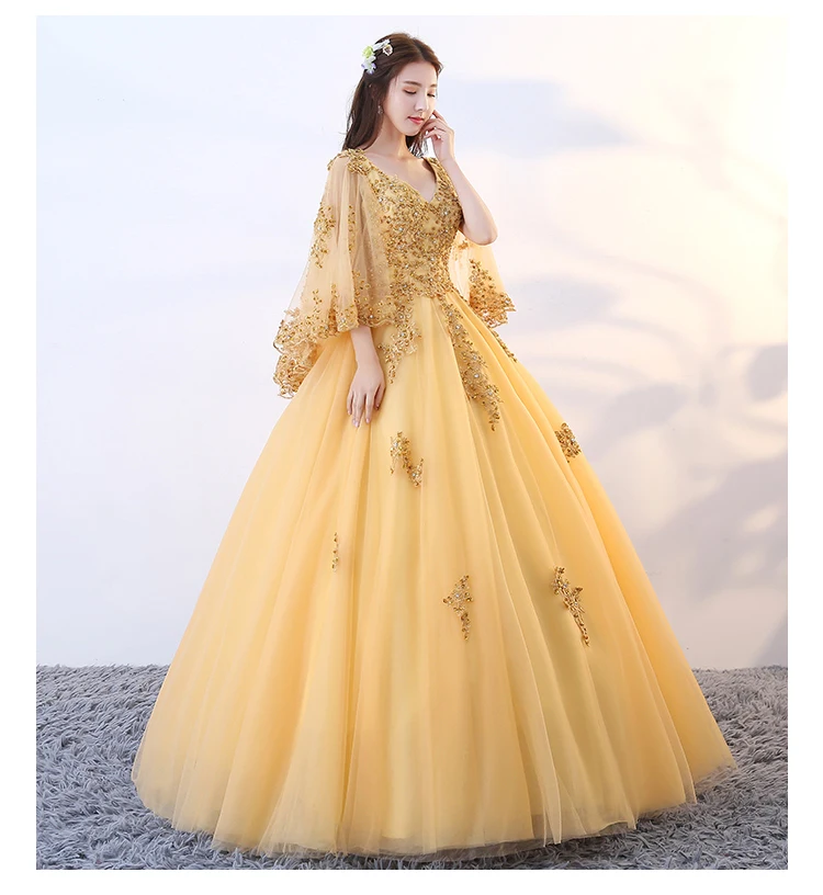 Quinceanera платье золотистого цвета кружевное Пышное фатиновое с аппликацией из