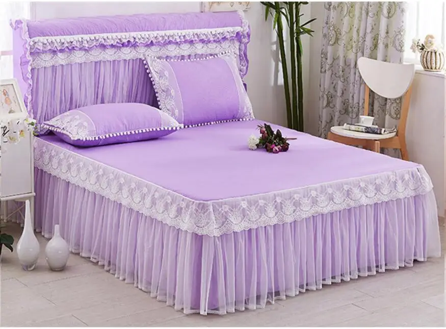 Romantic Wedding Bedding Mattress Cover Pillow cases 1/3pcs Solid Lace Princess Bedspread Bed Skirt Fitted Sheet Twin Queen King - Цвет: purple