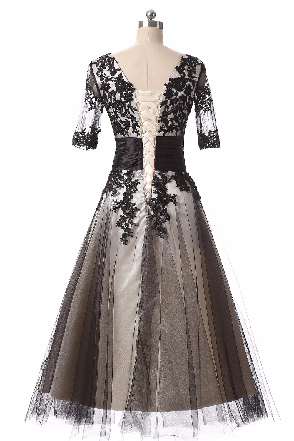 Черные открытые чай Длина вечернее платье Кружева Аппликация Половина рукава