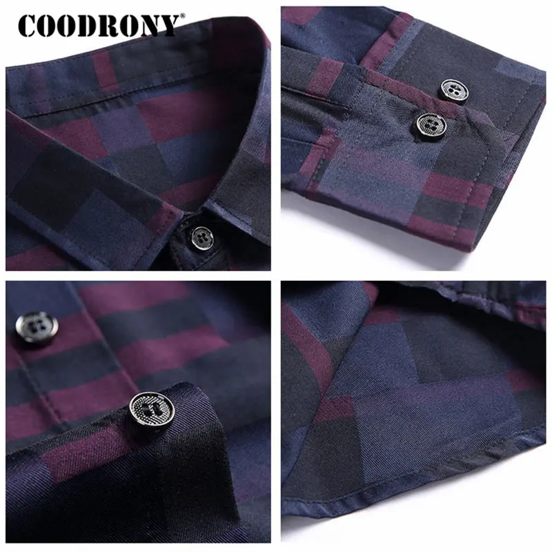 COODRONY, мужская рубашка, мужские деловые повседневные рубашки, Новое поступление, мужская одежда известного бренда, клетчатая рубашка с длинным рукавом, Camisa Masculina 712