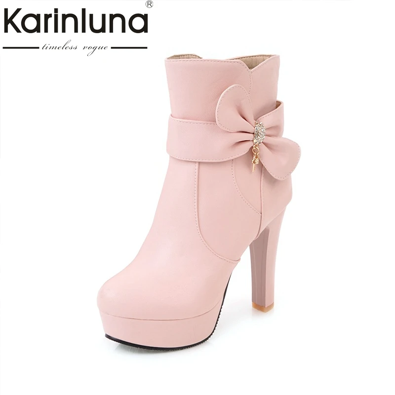 KARINLUNA/Большие размеры 32-45; Очаровательная Женская обувь на платформе с бантом Модные ботильоны на высоком каблуке; цвет розовый, черный, белый зимняя женская обувь