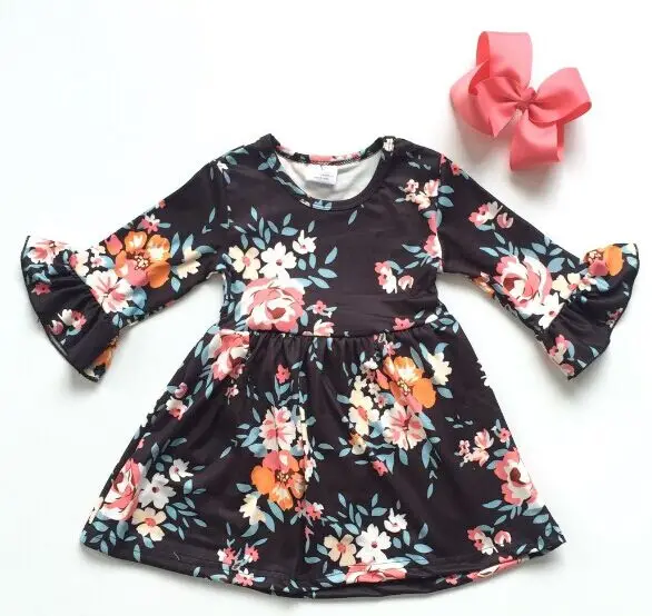 floral Осенне-зимнее хлопковое платье из молочного шелка с длинными рукавами для маленьких девочек, бутик детской одежды, Хлопковое платье с цветочным принтом, с оборками до колена - Цвет: floral