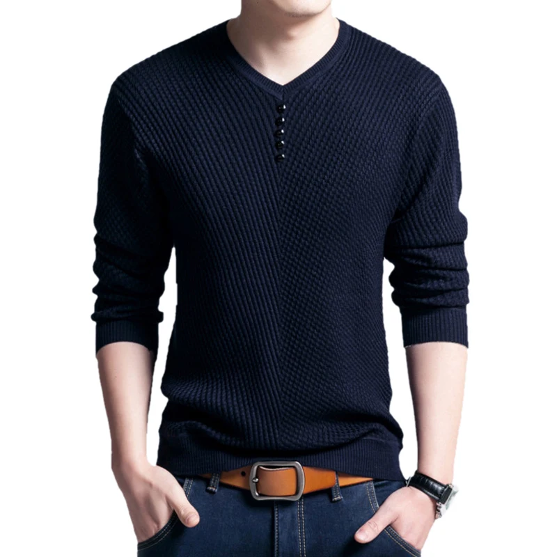 navy blue 1 Зимний модный мужской Рождественский свитер, повседневный Однотонный пуловер с v-образным вырезом, осенний приталенный мужской свитер с длинным рукавом - Цвет: navy blue 1