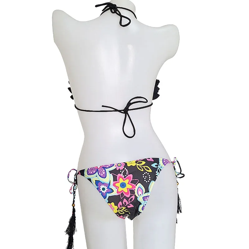 Европа Америка сложены цветок цифровой печати сексуальное бикини черный Холтер