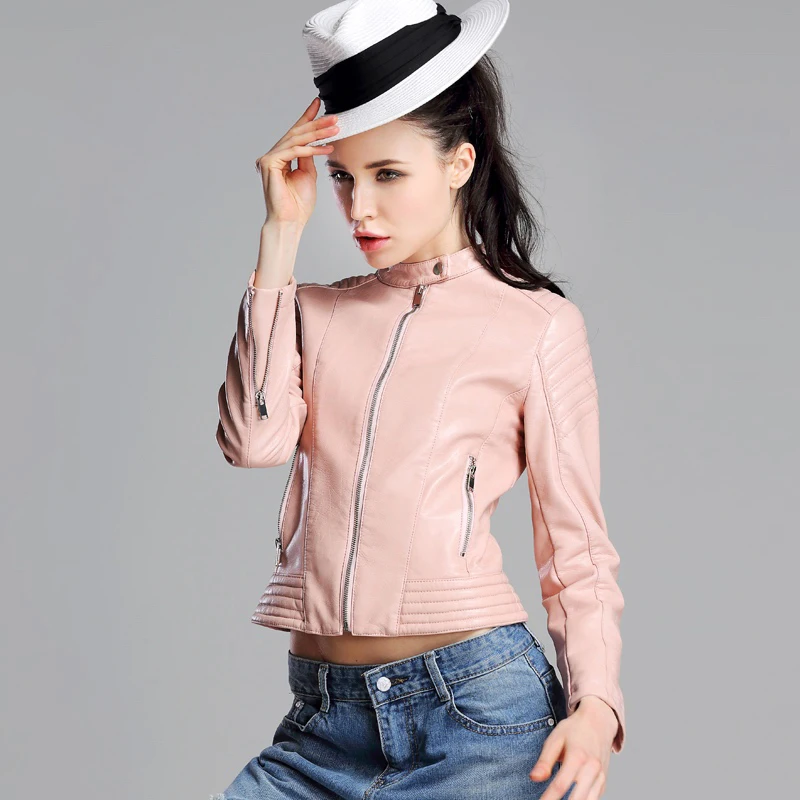 

2020 Fashion Women Elegant Zipper Faux Leather Biker Jacket Red Slim Ladies Coat Casual brand Motorcycle Leather Coat YJZ008
