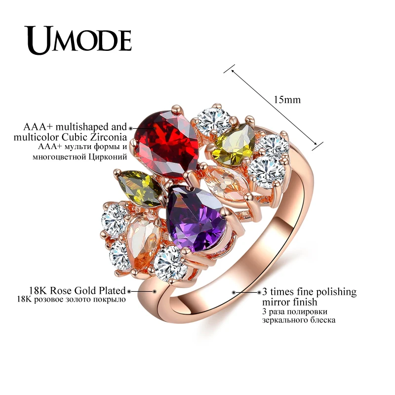 UMODE винтажные многообразные и разноцветные блестящие камни CZ коктейльные кольца