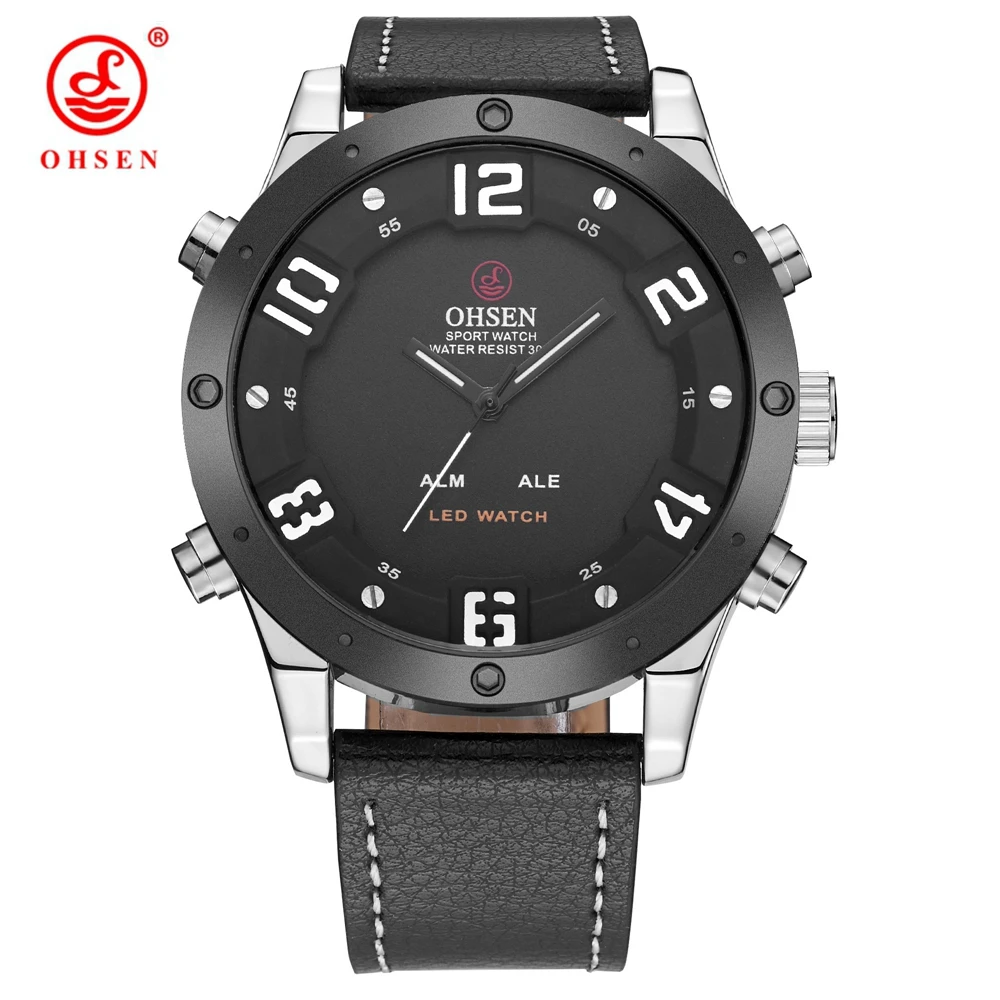 Часы наручные OHSEN Мужские кварцевые с кожаным ремешком брендовые модные цифровые