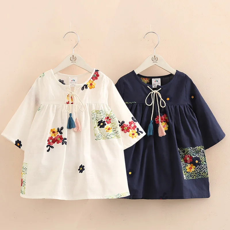 

2021 Spring Autumn New Arrival 2-12T Children Kids Clothing Blue White Color Long Tops Baby Girls Tassels Loose Blouses Shirt