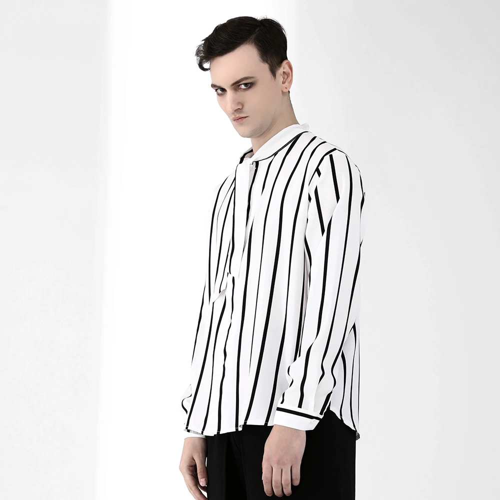

New Arrival Men's Stripe Shirts Black White Tops For Male Neck Tie Long Sleeve Fashion Wearing