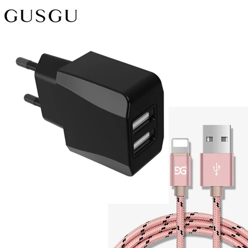 GUSGU Dual USB зарядное устройство для iPhone 7 8 6 X S Max iPad EU вилка адаптер для путешествий настенное зарядное устройство 2A зарядный кабель для Lightning 1,5 м - Тип штекера: Black-Rose