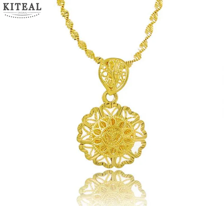 Новейший Чистый золотой цвет ретро полый цветок кулон с волнистой цепочкой