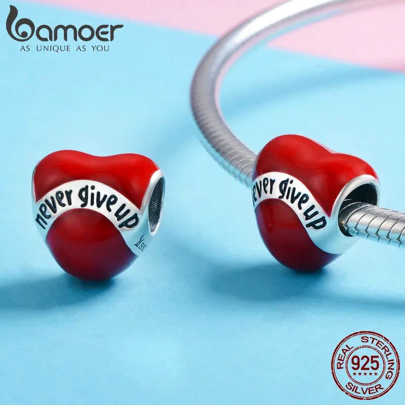 BAMOER, натуральная 925 пробы, серебряные, красные Эмалевые бусины, никогда не откажитесь от сердца, шарм, подходит для женщин, браслет и ожерелья, сделай сам, ювелирное изделие SCC808