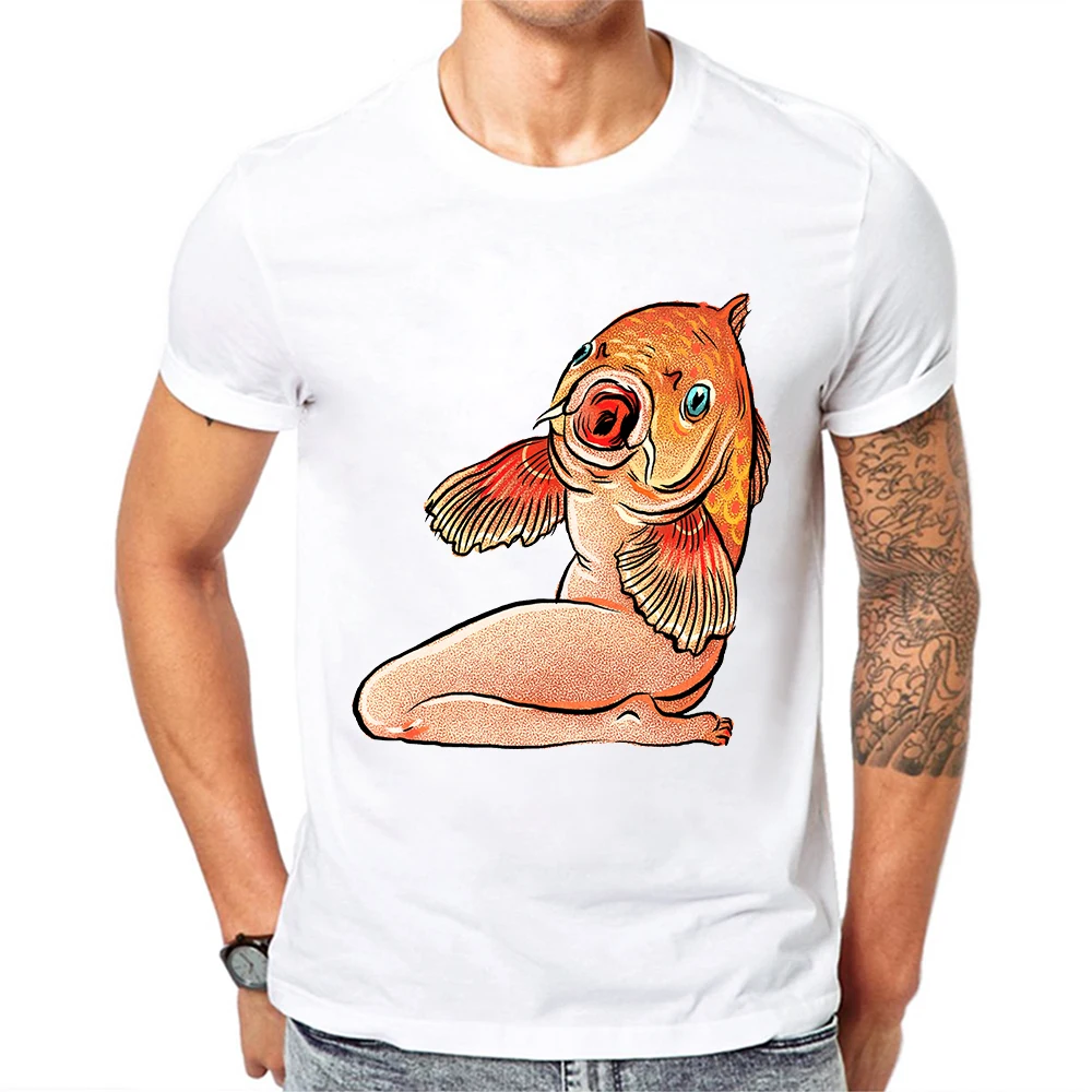 

Men T Shirt Funny Mermaid Design White Cotton Cartoon T-Shirts Mens Hipster Fish Printed Tops Tee Shirts Camisetas Hombre Verano
