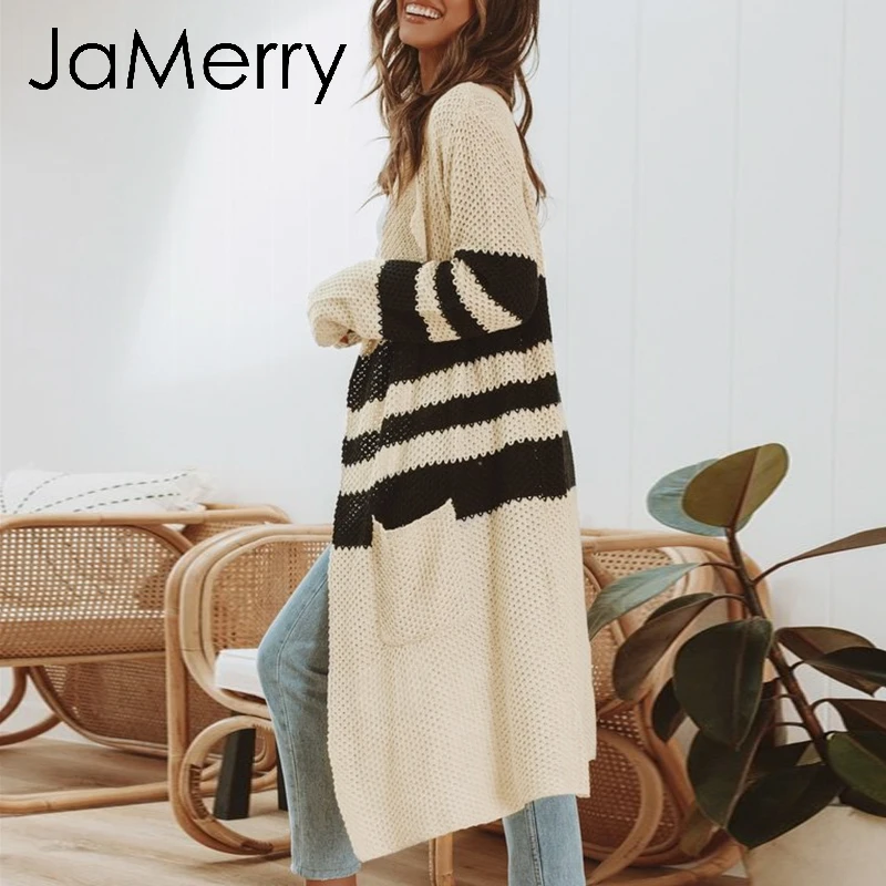 JaMerry Vintage striped knitted cardigan women 2019 Autumn winter long sweater female Casual pockets loose lady beige cardigans |