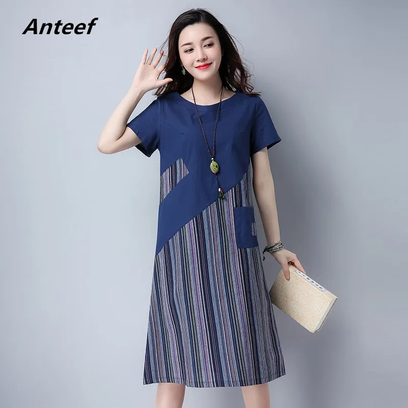 Женское винтажное платье в полоску с коротким рукавом из хлопка и льна