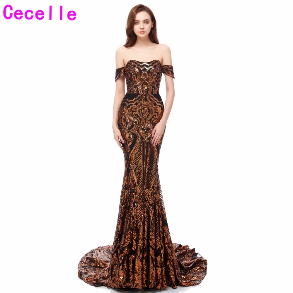 Лидер продаж темно золотые блёстки Русалка Вечерние платья 2019 Off the ShoulderAfrican