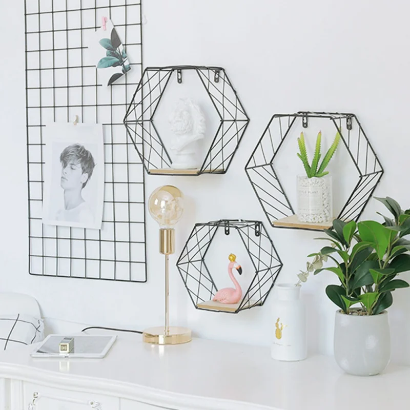 Кованая Железная шестиугольная сеточная настенная полка черная сетка Стиль