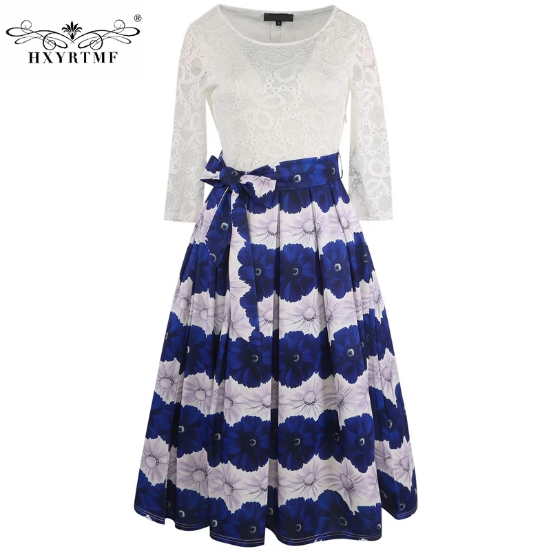 Для женщин модные элегантные Кружево лоскутное Printed A Line Платья для Открытые