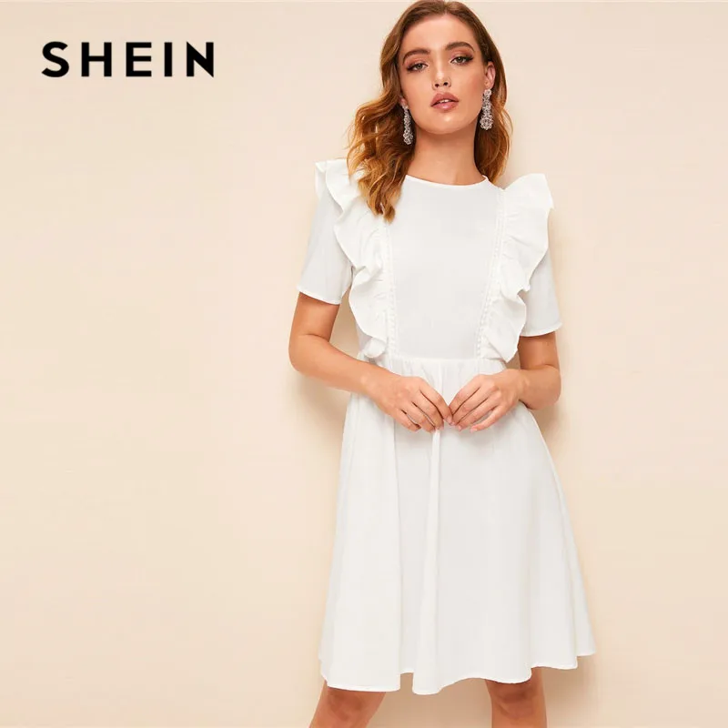 SHEIN однотонное платье миди на молнии сзади с рюшами и проймой женское летнее платье с круглым вырезом и коротким рукавом милое расклешенное ТРАПЕЦИЕВИДНОЕ ПЛАТЬЕ С Высокой Талией