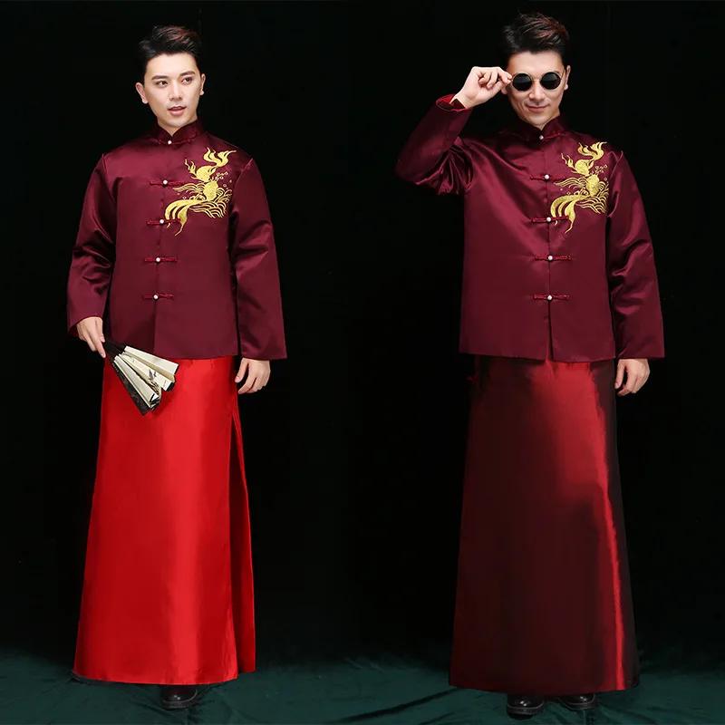 Жених Винтаж Свободные Cheongsam Традиционный китайский свадебное платье красный сатиновое платье-Ципао Вышивка Дракон костюм Vestido Oriental мужские - Цвет: BURGUNDY DRESS