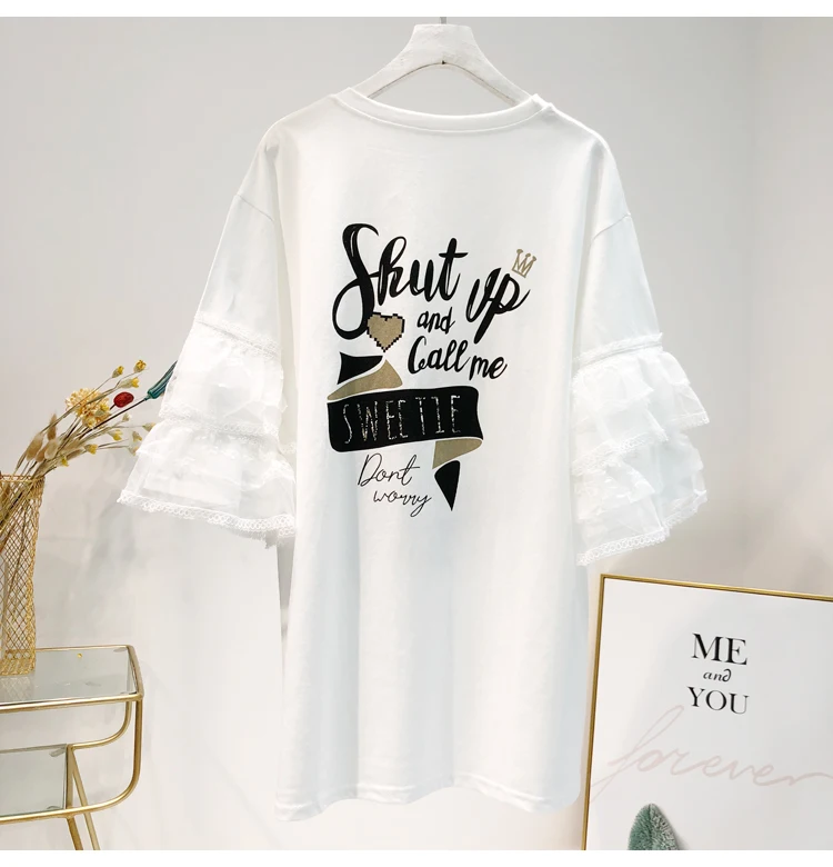 Новая длинная белая футболка женская с кроликом и кружевными расклешенными