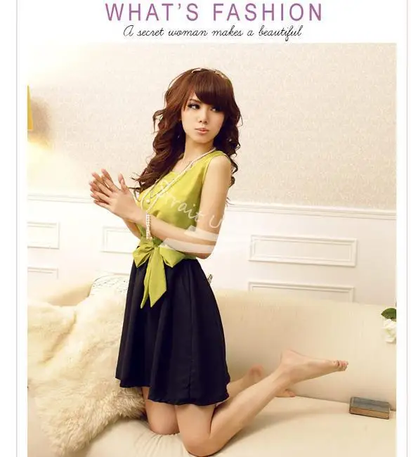 Women's Stylish Crew Neck Sleeveless Temperament snow spins have belt/dress/skirt /women's Chiffon dress free shipping 3804 | Женская