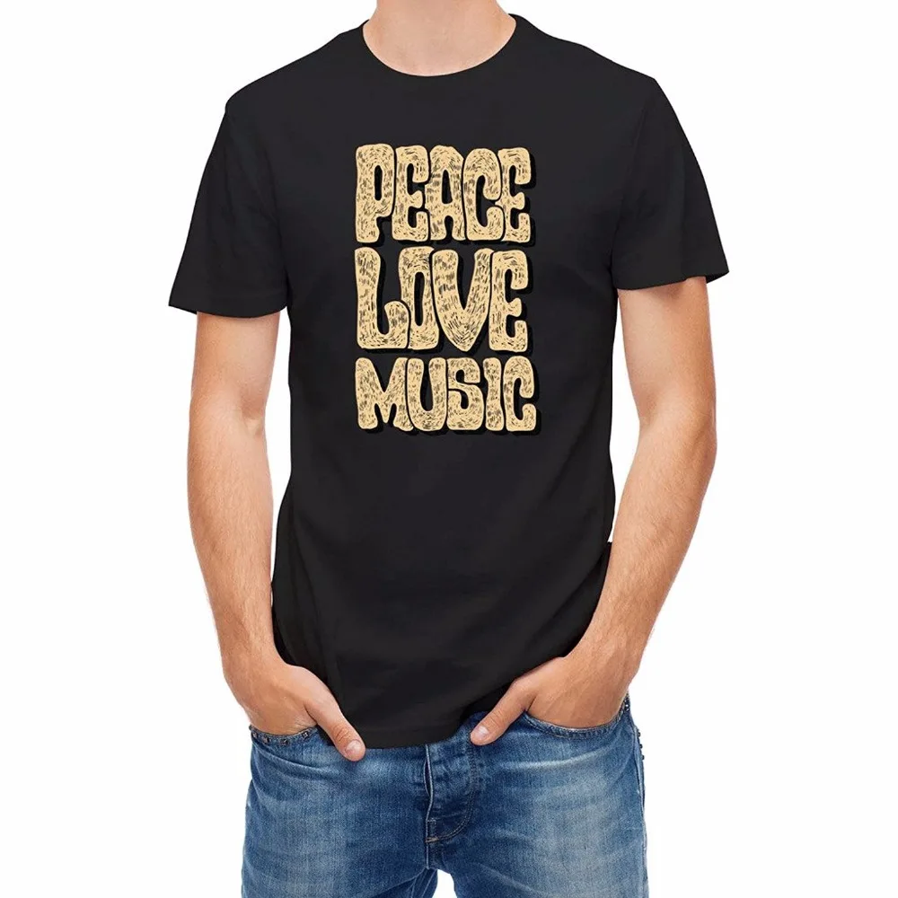 Новый 2017 Забавный принт футболка Для мужчин Горячая Peace Love Music типографии