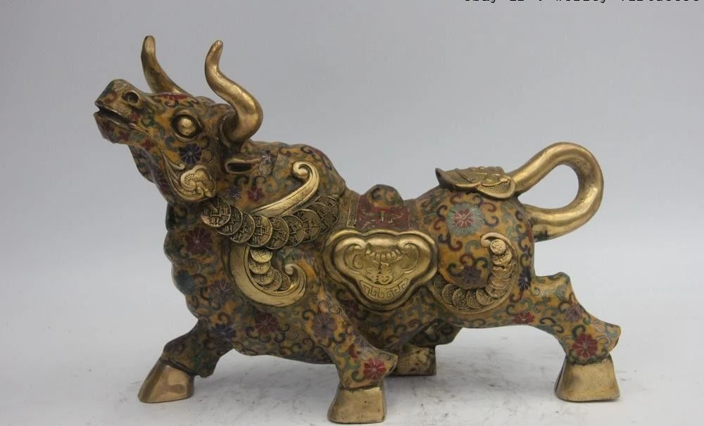 Китай Бронза Медь cloisonne эмаль Lucky wealth Ruyi OX Oxen Bull toro статуя | Дом и сад