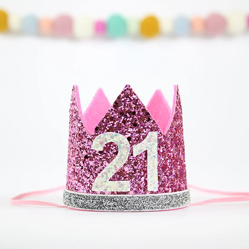 Beauty Girl 21st Birthday Hat Gold Balck Pink Priness Crown Number 21 Years Old Party Hats Glitter Queen Headband|Шляпы для