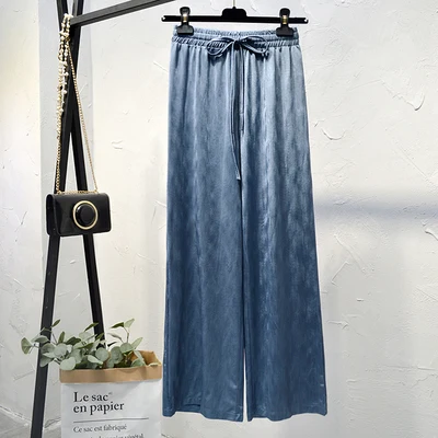 bLUE Однотонные Корейская высокая Талия атласные широкие брюки женские летние плюс размер свободные длинные прямые брюки Femme Повседневные A394 - Цвет: bLUE