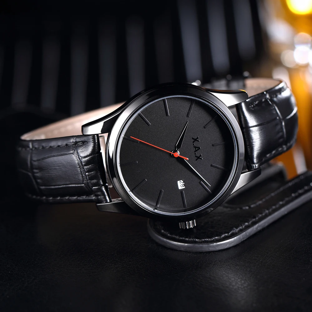 Часы наручные мужские деловые с кожаным ремешком и батарейкой