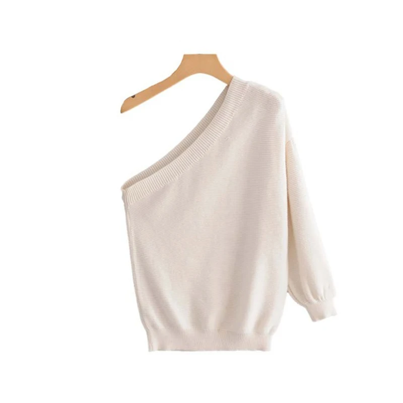 Autumn women irregular collar knitted sweaters sexy one shoulder stretchy white pullovers sweater loose streetwear tops | Женская одежда