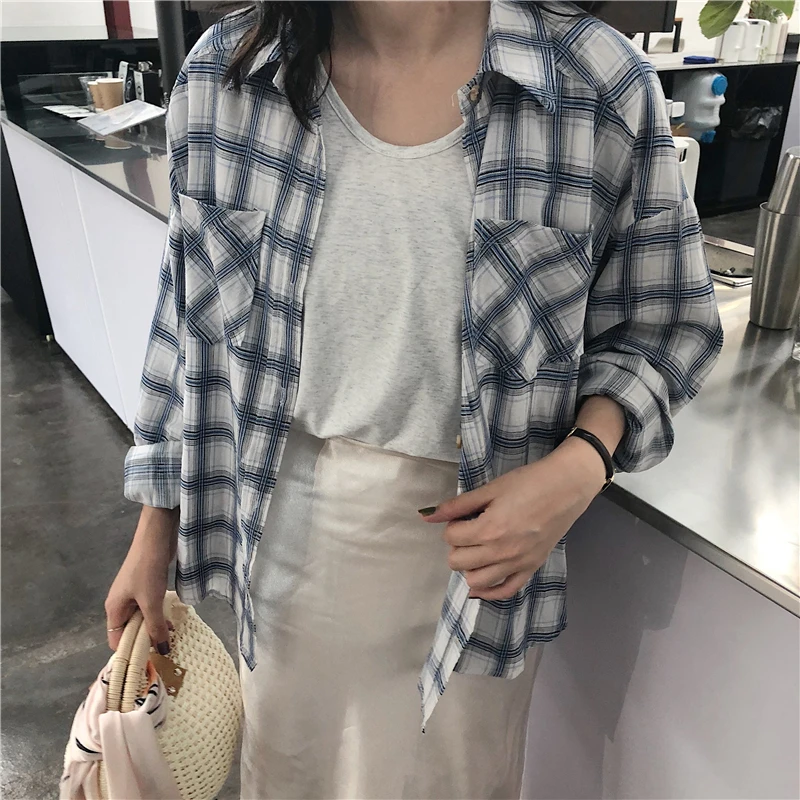KYMAKUTU Summer Holiday Style Plaid Women Shirts Turn-down Collar Full Sleeve Pocket Blouse Femme Out Chemisier Shirt Tops |