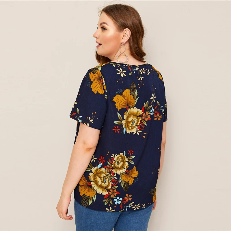 SHEIN, блузка размера плюс, темно-синяя, с растительным принтом,, женская, летняя, Цветочный, Круглый ворот, короткий рукав, обычная, плюс, блузки, рубашка