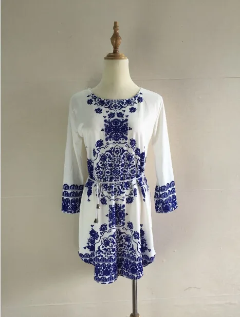 Женское цельное платье с принтом 2019 года новое сине белое фарфоровое длинными