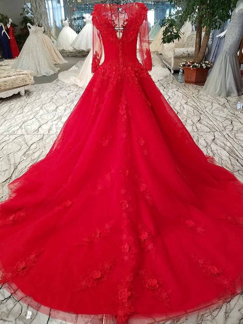 Красное платье для свадьбы 2018 кружевное бальное с круглым вырезом и