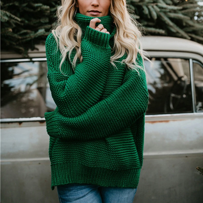 FJUN грубый пуловер женский свитер с высоким воротником Женский однотонный теплый - Фото №1