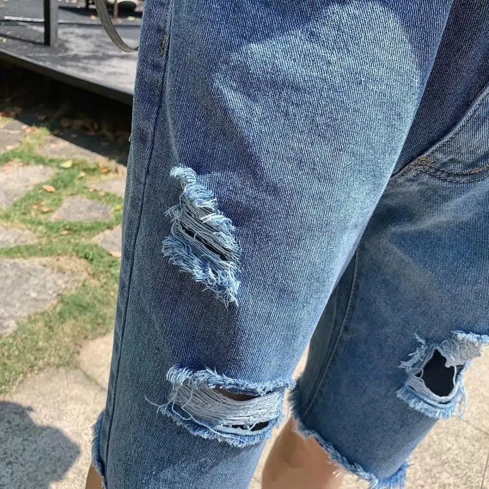 

Wholesale 2021 Summer fashion avant-garde thin streetwear loose straight ripped big hole men Korean casual denim jeans hombre