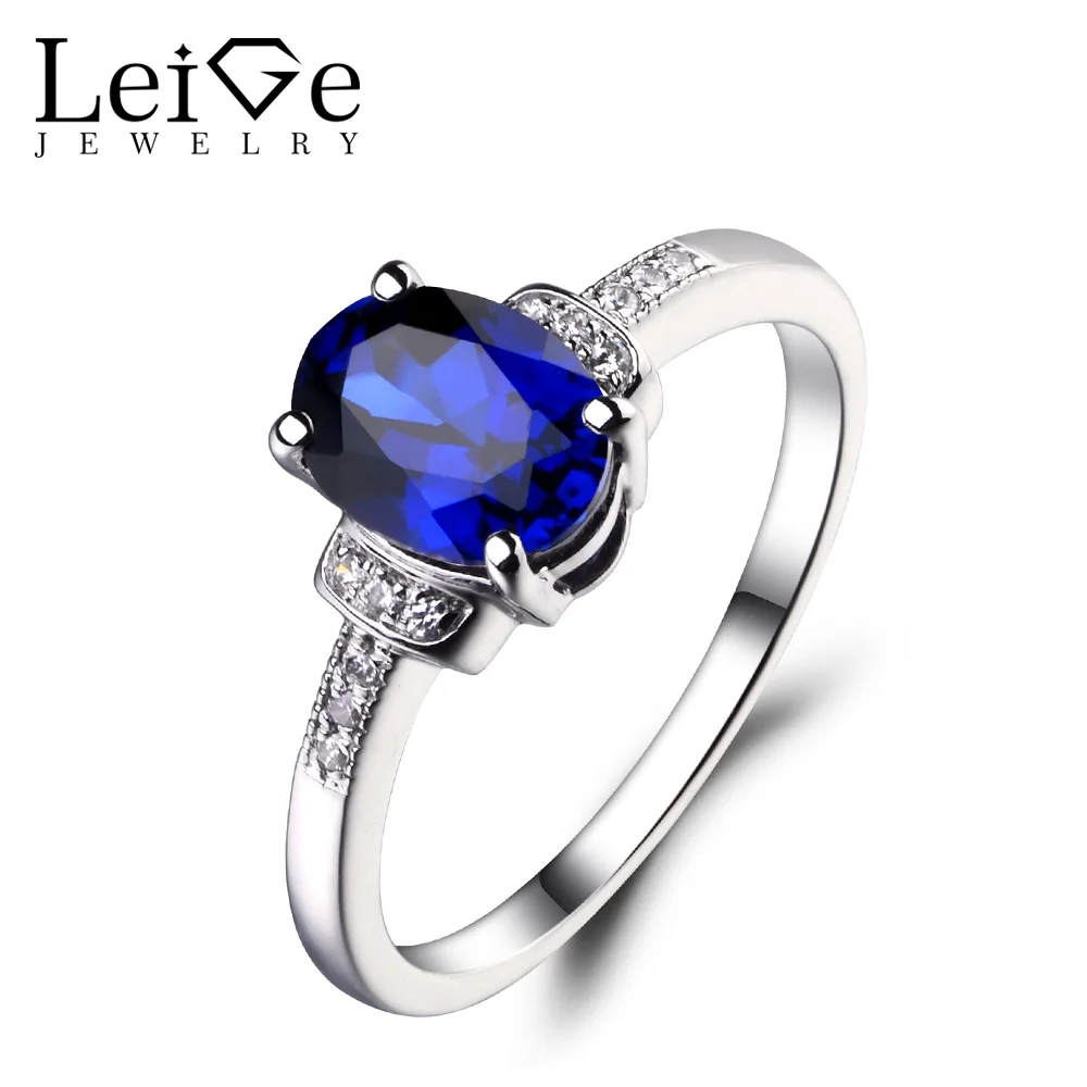 

Leige Jewelry 925 Sterling Silver Lab Sapphire Ring Oval Cut Blue Gemstone Birthstone Wedding Engagement Rings Jewelry for Women