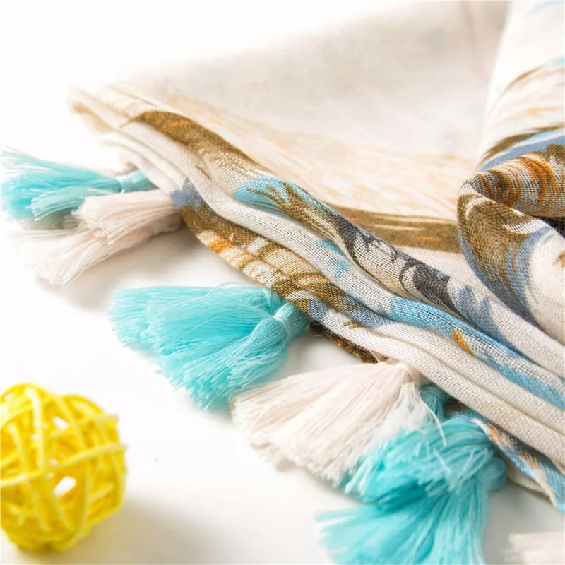 

New Spring design Cartoon Holiday gifts Colorful feathers Pattern print Scarf women cotton shawl cosy pretty wraps hijab muslim