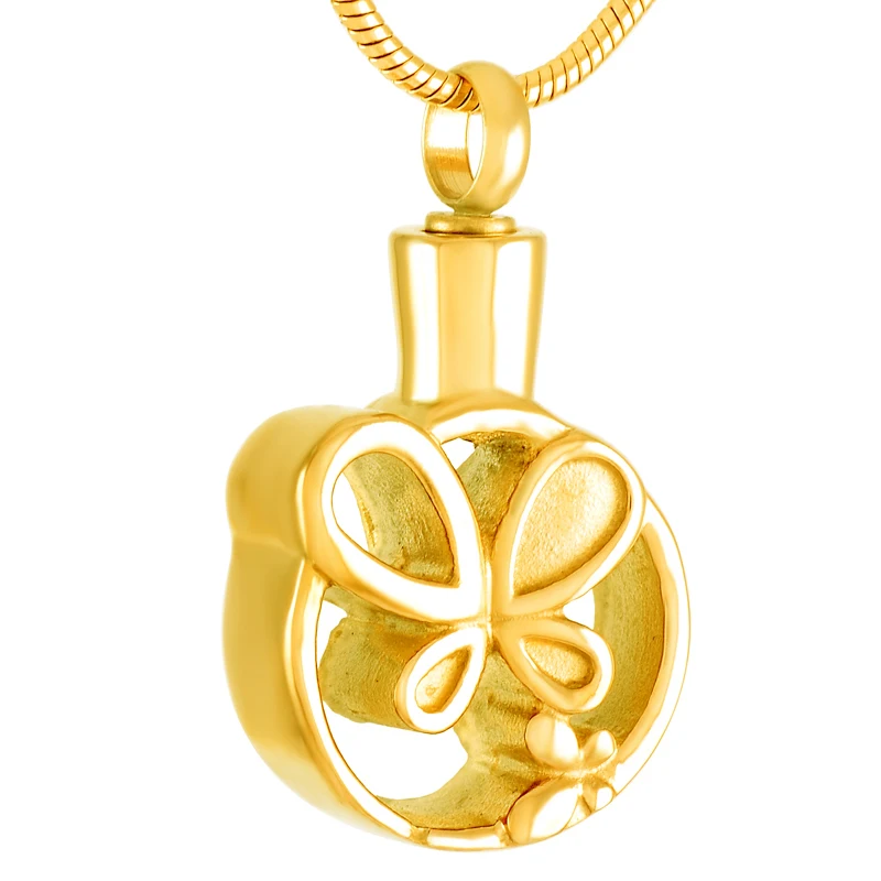 

IJD9241 Stainless Steel Cremation Urn Necklace Ashes Hollow Butterfly Round Shape Memorial Pendant