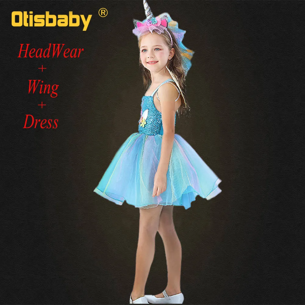 Blue Dress Set Летнее милое Радужное платье-пачка для девочек+ крыло+ повязка на голову с единорогом, розовый костюм на Хэллоуин с единорогом, детская Рождественская одежда с лошадью - Цвет: Blue Dress Set
