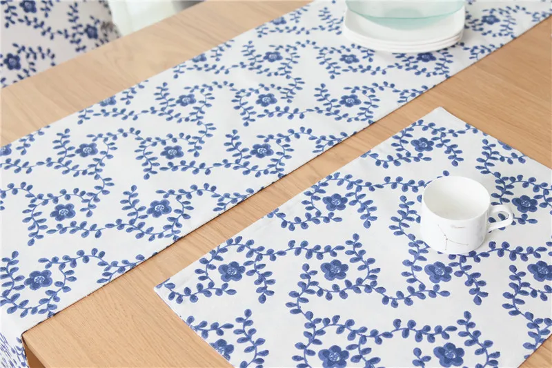 

Pastoral Style Blue Pattern Cotton Linen Table Runner Wedding Hotel Banquet Party Home Table Runner Decoration