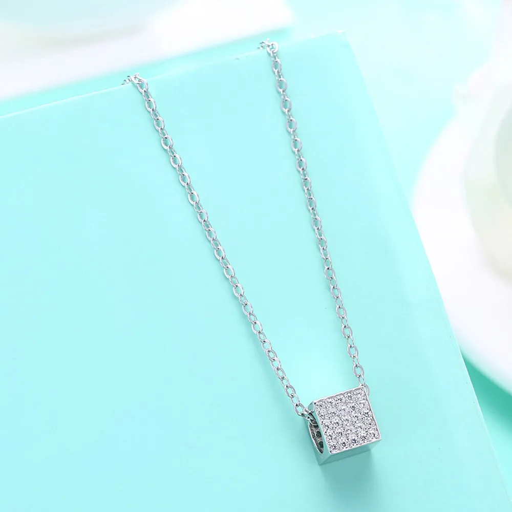 Exquisite Silver Cubic Zircon Cube Pendant Necklace Women 925 Sterling Rhinestone Square Drop for Lady Love Gift |