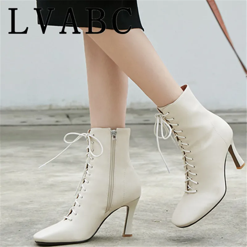 

Ankle Boots For Women Winter Shoes High Heels Boots Real Leather Botas Cross-tied Square Toe Boots ladies Shoes