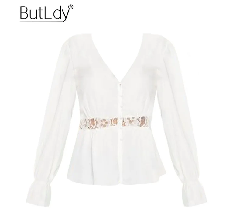 

Summer 2019 Lace Patchwork White Blouse Shirt Women Hollow Out Sexy V-Neck Casual Tops and Blouses Long Flare Sleeve Shirt Top