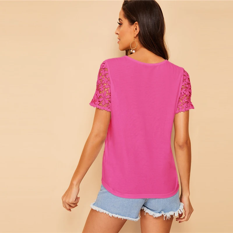 SHEIN, гипюровая футболка с кружевными рукавами и карманами, женская одежда, одноцветные Топы, летняя повседневная футболка с коротким рукавом