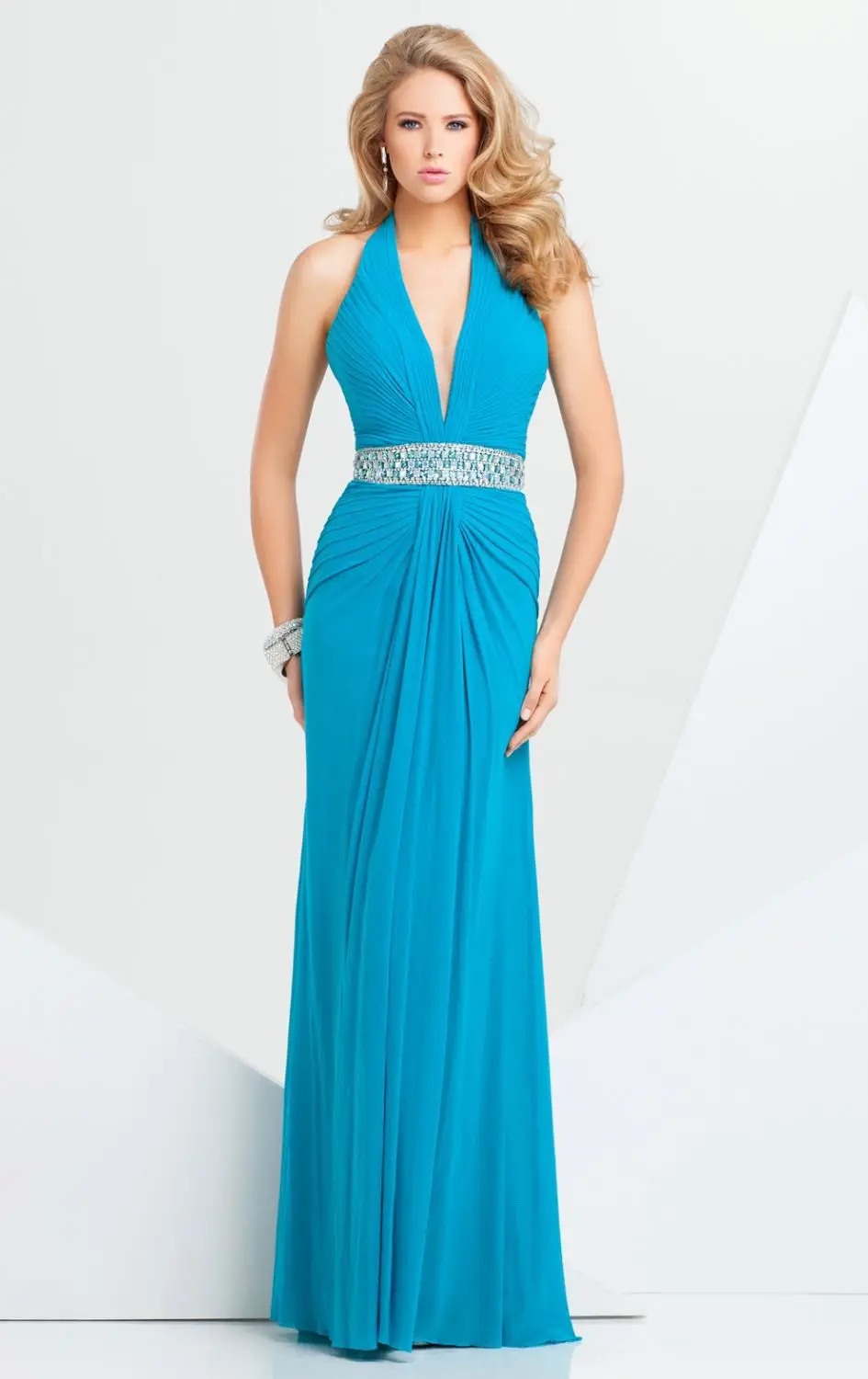 Wonderful A Line Deep V Neck Sleeveless Blue Chiffon Floor Length Pleated Beaded Belt Elegant Long Evening Dresses Gowns 2015 | Свадьбы и