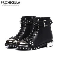 prichicella quality black flats genuine leather studded lace up ankle bootsmotorcycle winter booties