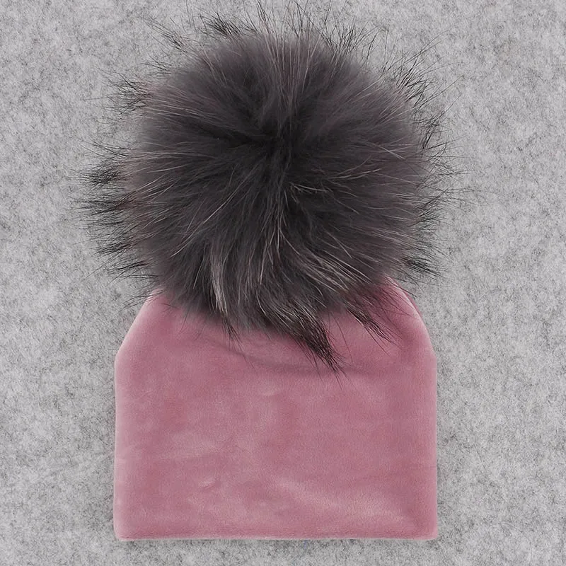 pink No4 GZHILOVINGL Real Fur Pom Pom Baby Girls Boys Hat Warm Winter Knitted Velvet Hat Toddler Kids Soft Thick Flannel Beanies Pompoms - Цвет: pink No4